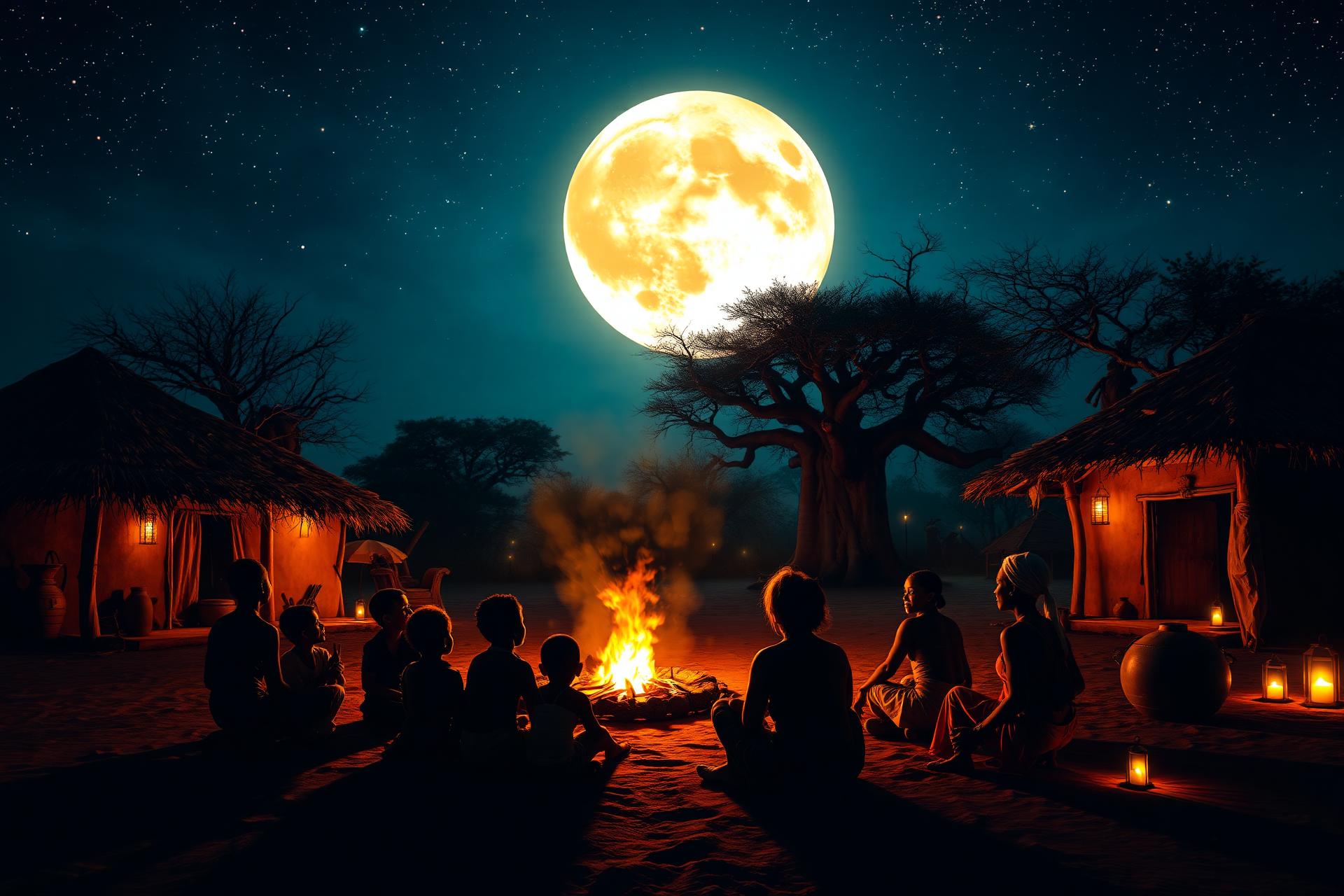 African village under a full moon, children listening to an elder by the fire